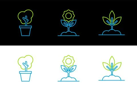 Set line Plant, Tree in pot and Flower icon. Vector Illustrazione stock