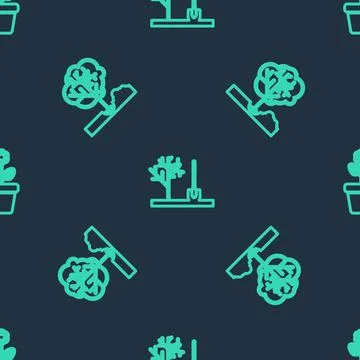 Set line Planting tree in the ground, and Flower pot on seamless pattern. Vector Illustrazione stock