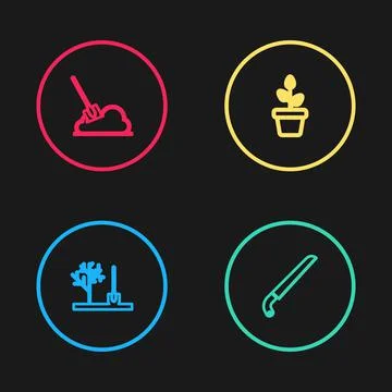 Set line Planting tree in the ground, Garden saw, Flowers pot and Shovel icon Illustration