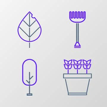 Set line Plants in pot, Tree, Garden rake and Leaf icon. Vector Stock Illustration