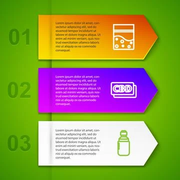 Set line Plastic bag of cannabis, Cannabis molecule, Marijuana or olive oil and Stock Illustration