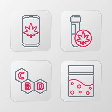 Set line Plastic bag of cannabis, Cannabis molecule, Chemical test tube with Stock Illustration