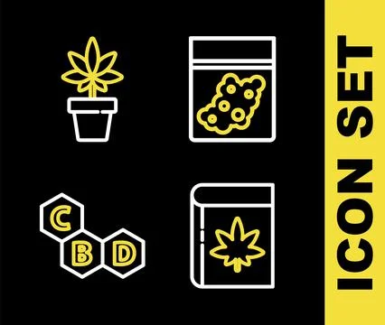Set line Plastic bag of cannabis, Book and marijuana or, Cannabis molecule and Stock Illustration