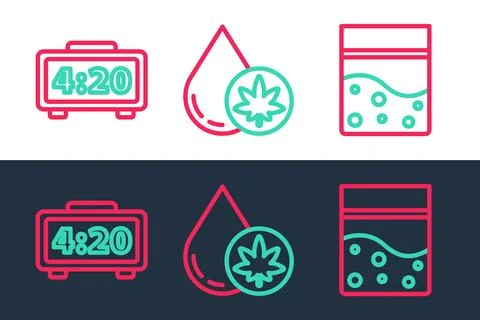 Set line Plastic bag of cannabis, Digital alarm clock and Marijuana or olive oil Stock Illustration