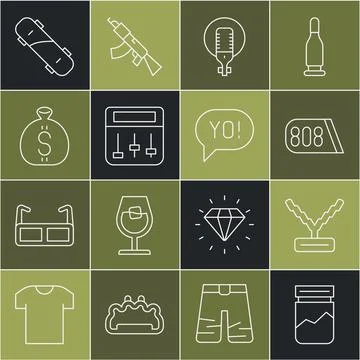 Set line Plastic bag of drug, Rapper chain, Drum machine music, Microphone,.. Stock Illustration