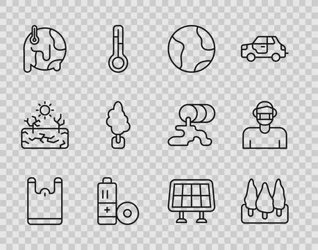 Set line Plastic bag, Forest, Earth globe, Battery, Global warming, Tree, S.. Stock Illustration