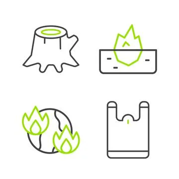Set line Plastic bag, Global warming fire, Iceberg and Tree stump icon. Vecto Stock Illustration