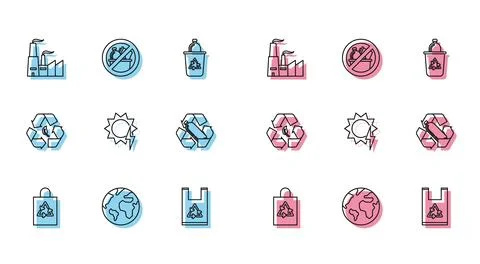 Set line Plastic bag with recycle, Earth globe, Factory, Solar energy panel.. Stock Illustration