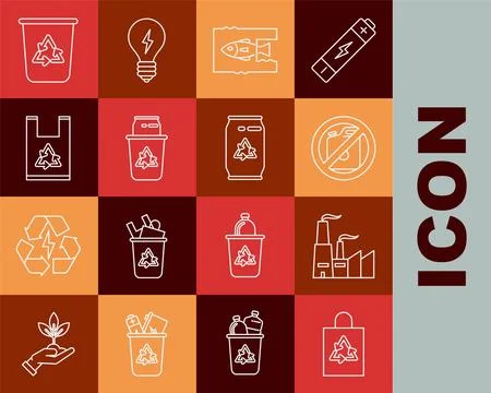 Set line Plastic bag with recycle, Factory, No canister for gasoline, Stop .. Stock Illustration