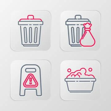 Set line Plastic basin with soap suds, Wet floor and cleaning progress, Trash Illustrazione stock