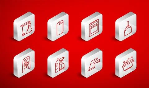 Set line Plastic basin with soap suds, Paper towel roll, Kitchen dishwasher Stock Illustration