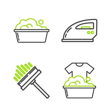 Set line Plastic basin with soap suds, Squeegee, scraper, wiper, Electric iron イラスト素材