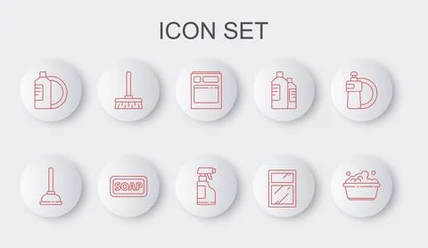 Set line Plastic basin with soap suds, Kitchen dishwasher machine, Cleaning Stock Illustration