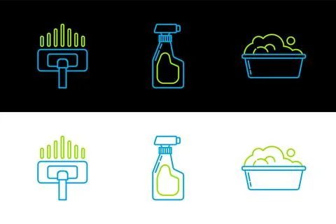 Set line Plastic basin with soap suds, Vacuum cleaner and Cleaning spray bottle Illustrazione stock