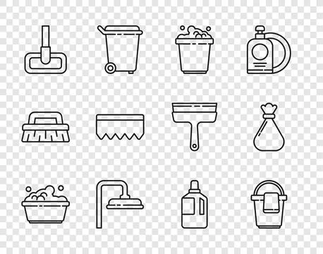 Set line Plastic basin with soap suds, Bucket rag, Shower head, Mop, Sponge.. Stock-Illustration