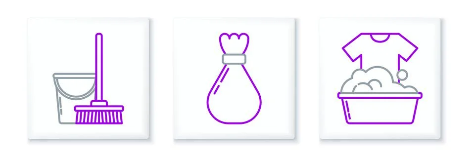 Set line Plastic basin with soap suds, Mop and bucket and Garbage bag icon... Stock-Illustration
