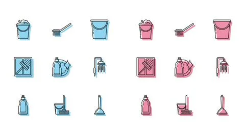Set line Plastic bottles for liquid dishwashing liquid, Mop and bucket, Bucket Stock-Illustration