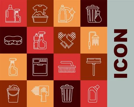 Set line Plastic bottles for liquid dishwashing liquid, Squeegee, scraper, wi Stock Illustration
