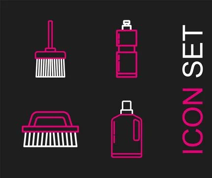 Set line Plastic bottles for liquid dishwashing liquid, Brush cleaning, and Illustrazione stock