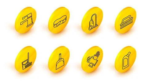 Set line Plastic bottles for liquid dishwashing liquid, Rubber gloves, Dust.. Stock Illustration
