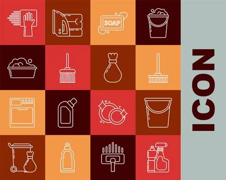 Set line Plastic bottles for liquid dishwashing liquid, Bucket, Mop, Bar of.. Stock-Illustration