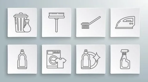 Set line Plastic bottles for liquid dishwashing liquid, Squeegee, scraper, .. Stock Illustration