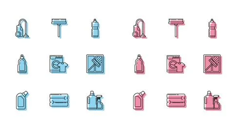 Set line Plastic bottles for liquid dishwashing liquid, Towel stack, Vacuum.. Illustrazione stock