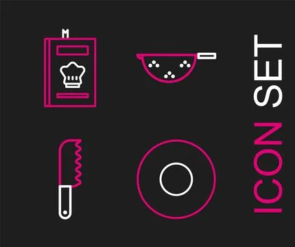 Set line Plate, Bread knife, Kitchen colander and Cookbook icon. Vector Stockillustratie