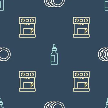 Set line Plate, Coffee machine and Bottle olive oil on seamless pattern. Vector 스톡 일러스트