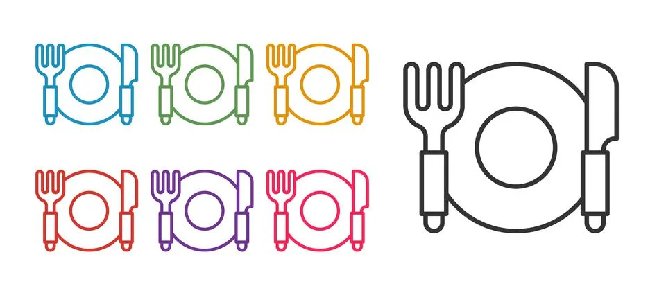 Set line Plate, fork and knife icon isolated on white background. Cutlery symbol Illustrazione stock