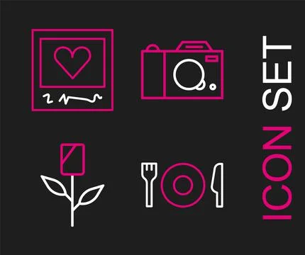 Set line Plate, fork and knife, Flower rose, Photo camera and frames hearts i Stock Illustration