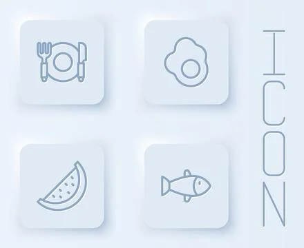 Set line Plate, fork and knife, Scrambled egg, Watermelon and Fish. White square Stock Illustration