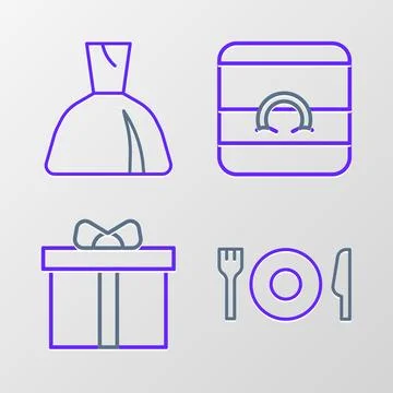 Set line Plate, fork and knife, Gift box, Wedding rings and Woman dress icon Stock Illustration