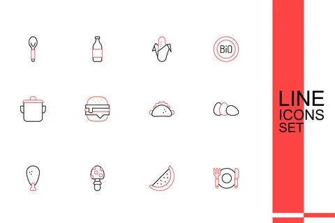 Set line Plate fork and knife Watermelon Fly agaric mushroom Chicken leg egg  Stock Illustration