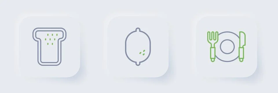 Set line Plate, fork and knife, Lemon and Bread toast icon. Vector Illustrazione stock
