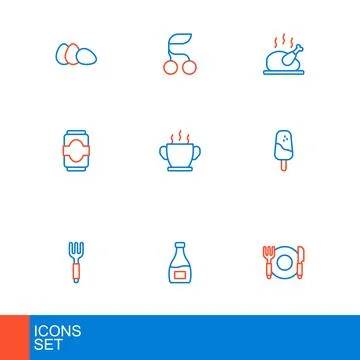 Set line Plate, fork and knife, Sauce bottle, Fork, Ice cream, Soda can, Bo.. Stock Illustration