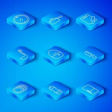 Set line Plate, Kitchen timer, Pepper, Knife, Cutting board and knife, ladle Stock Illustration