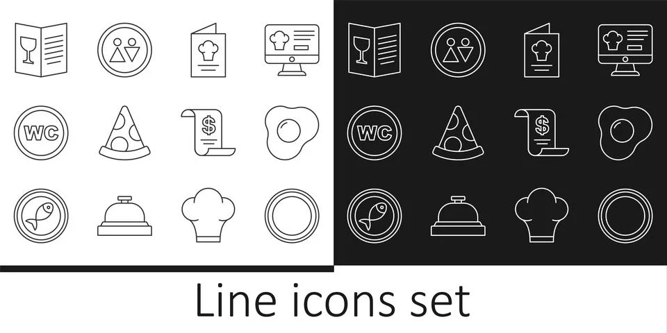 Set line Plate, Scrambled eggs, Cookbook, Slice of pizza, Toilet, Restauran.. Ilustração Stock