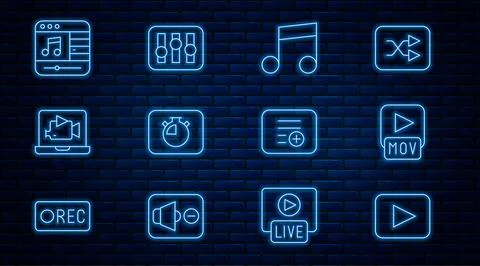 Set line Play button, MOV file, Music note, tone, Stopwatch, Online play vi.. Stock Illustration