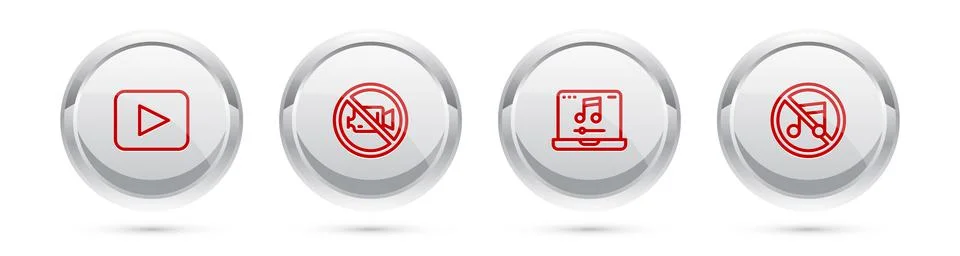 Set line Play button, Prohibition no video recording, Laptop with music and S Stock Illustration