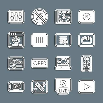 Set line Play button, Stereo speaker, Repeat track music player, Vinyl with Stock Illustration