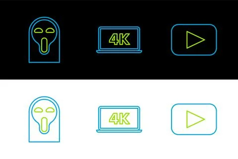 Set line Play, Funny and scary ghost mask and Laptop screen with 4k video t.. Stock Illustration