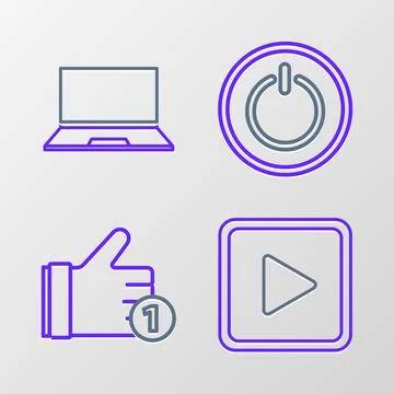 Set line Play in square, Hand like, Power button and Laptop icon. Vector Illustrazione stock
