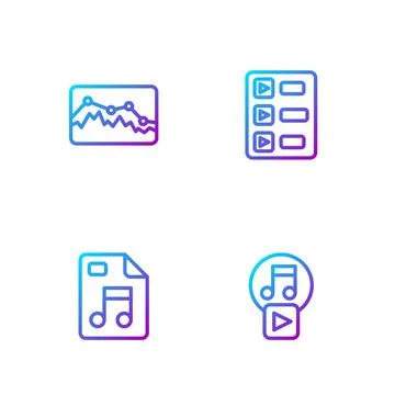 Set line Play in square, MP3 file document, Music wave equalizer and playlist Illustrazione stock
