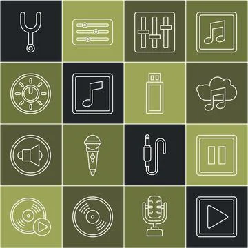 Set line Play in square, Pause button, Music streaming service, Sound mixer Illustrazione stock