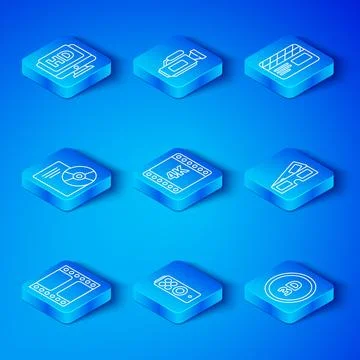 Set line Play Video, 4k movie, tape, frame, Remote control, 3D cinema glass.. Stock Illustration