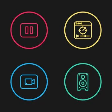 Set line Play video button, Stereo speaker, Online play and Pause icon. Vector Illustrazione stock