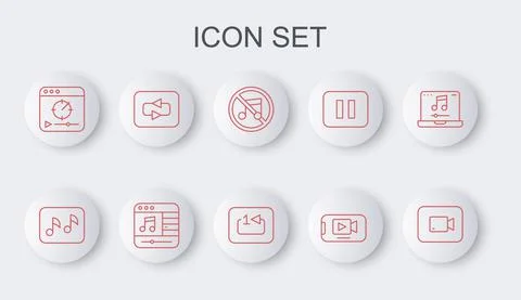 Set line Play video button, Music note, tone, Speaker mute, Online play, Repeat Stock Illustration