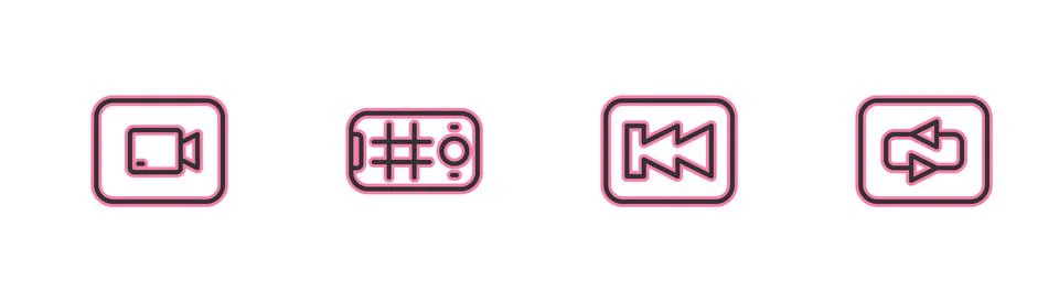 Set line Play video button, Rewind, Selfie mobile and Repeat icon. Vector Stock Illustration