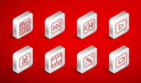 Set line Play video button, Fast forward, Speaker volume, Photo retouching Illustrazione stock